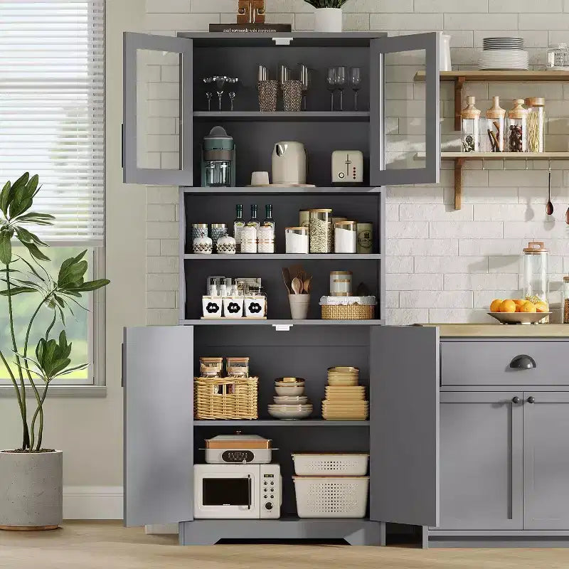 Armario de almacenamiento de 67 pulgadas con puertas de vidrio y madera, aparador moderno de 6 estantes con estantes ajustables para despensa de cocina, sala de estar, librería, baño