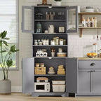 Armario de almacenamiento de 67 pulgadas con puertas de vidrio y madera, aparador moderno de 6 estantes con estantes ajustables para despensa de cocina, sala de estar, librería, baño