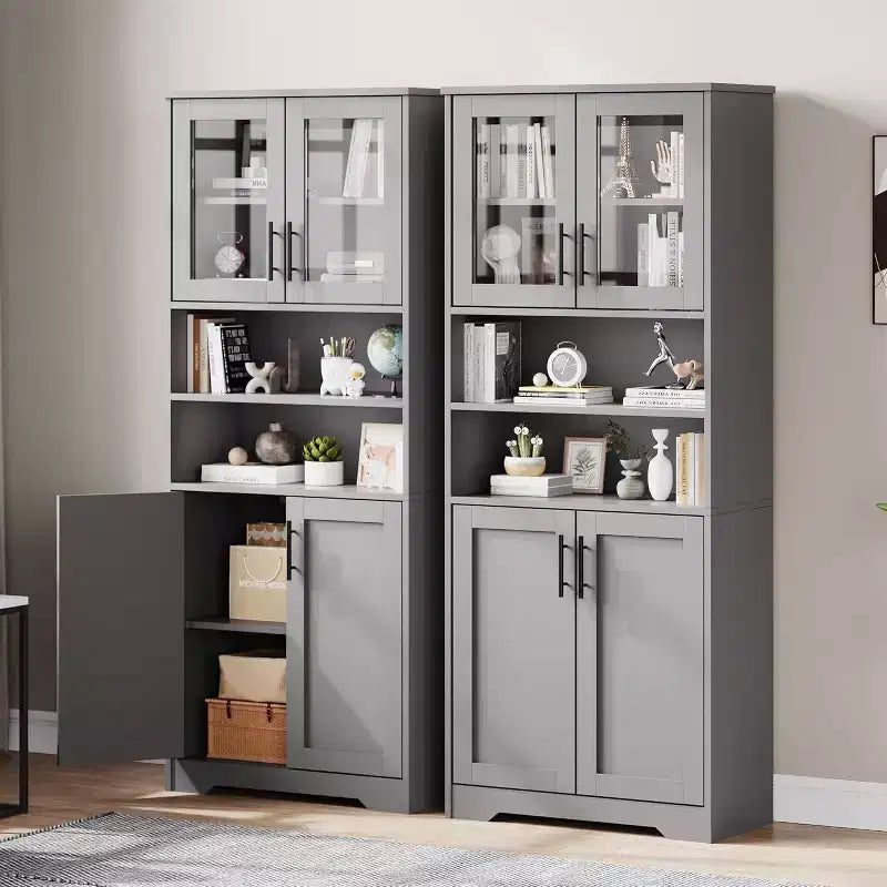 Armario de almacenamiento de 67 pulgadas con puertas de vidrio y madera, aparador moderno de 6 estantes con estantes ajustables para despensa de cocina, sala de estar, librería, baño