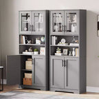 Armario de almacenamiento de 67 pulgadas con puertas de vidrio y madera, aparador moderno de 6 estantes con estantes ajustables para despensa de cocina, sala de estar, librería, baño