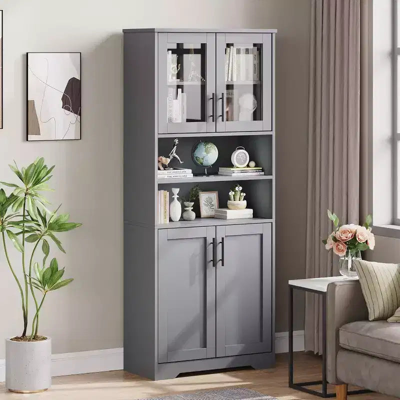 Armario de almacenamiento de 67 pulgadas con puertas de vidrio y madera, aparador moderno de 6 estantes con estantes ajustables para despensa de cocina, sala de estar, librería, baño