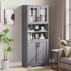 Armario de almacenamiento de 67 pulgadas con puertas de vidrio y madera, aparador moderno de 6 estantes con estantes ajustables para despensa de cocina, sala de estar, librería, baño