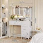 35.4 Tocador de Maquillaje con Espejo y Luces, Mesa de Maquillaje con 4 Cajones de Tela y Estantes de Almacenamiento, Tocador Ajustable para Dormitorio
