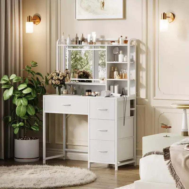 35.4 Tocador de Maquillaje con Espejo y Luces, Mesa de Maquillaje con 4 Cajones de Tela y Estantes de Almacenamiento, Tocador Ajustable para Dormitorio