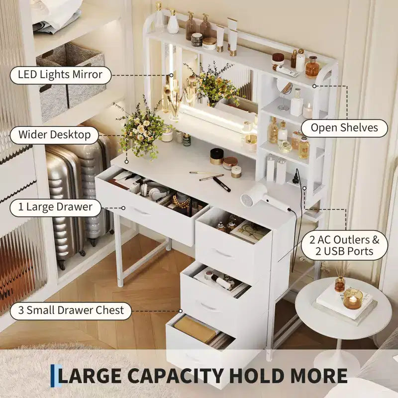 35.4 Tocador de Maquillaje con Espejo y Luces, Mesa de Maquillaje con 4 Cajones de Tela y Estantes de Almacenamiento, Tocador Ajustable para Dormitorio