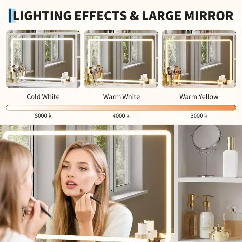 35.4 Tocador de Maquillaje con Espejo y Luces, Mesa de Maquillaje con 4 Cajones de Tela y Estantes de Almacenamiento, Tocador Ajustable para Dormitorio