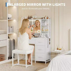 35.4 Tocador de Maquillaje con Espejo y Luces, Mesa de Maquillaje con 4 Cajones de Tela y Estantes de Almacenamiento, Tocador Ajustable para Dormitorio