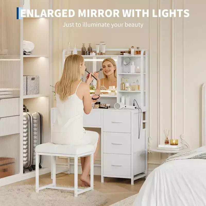 35.4 Tocador de Maquillaje con Espejo y Luces, Mesa de Maquillaje con 4 Cajones de Tela y Estantes de Almacenamiento, Tocador Ajustable para Dormitorio