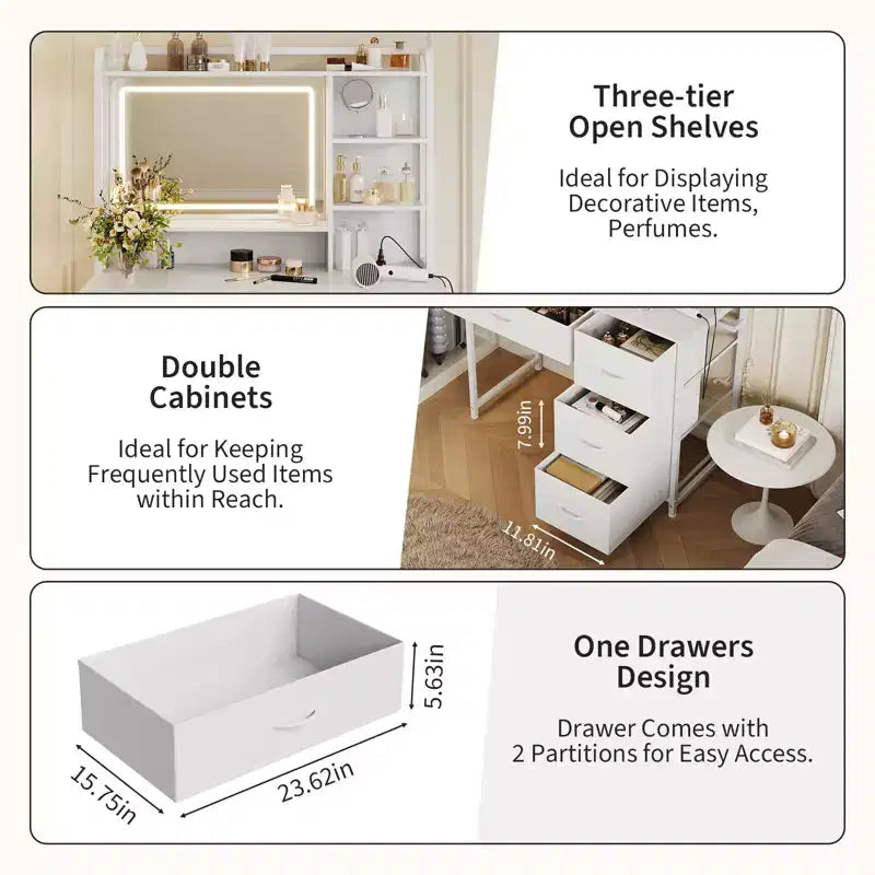 35.4 Tocador de Maquillaje con Espejo y Luces, Mesa de Maquillaje con 4 Cajones de Tela y Estantes de Almacenamiento, Tocador Ajustable para Dormitorio