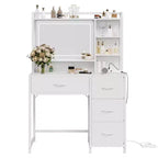 35.4 Tocador de Maquillaje con Espejo y Luces, Mesa de Maquillaje con 4 Cajones de Tela y Estantes de Almacenamiento, Tocador Ajustable para Dormitorio