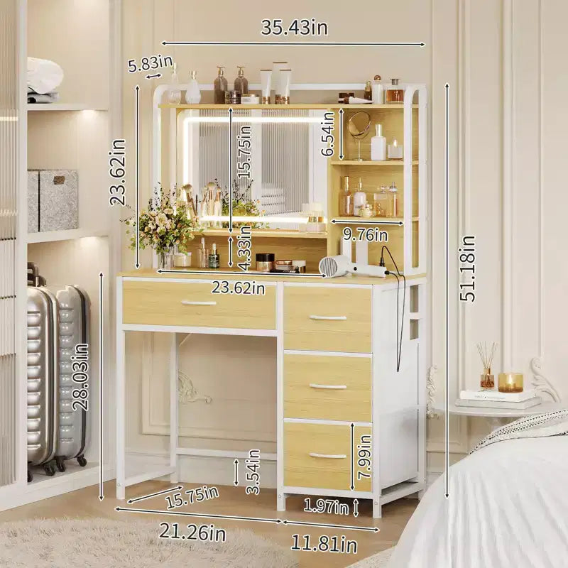 35.4 Tocador de Maquillaje con Espejo y Luces, Mesa de Maquillaje con 4 Cajones de Tela y Estantes de Almacenamiento, Tocador Ajustable para Dormitorio