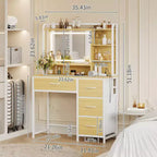 35.4 Tocador de Maquillaje con Espejo y Luces, Mesa de Maquillaje con 4 Cajones de Tela y Estantes de Almacenamiento, Tocador Ajustable para Dormitorio