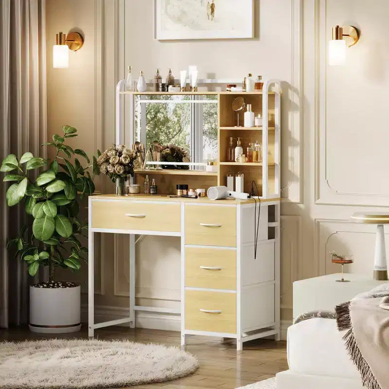 35.4 Tocador de Maquillaje con Espejo y Luces, Mesa de Maquillaje con 4 Cajones de Tela y Estantes de Almacenamiento, Tocador Ajustable para Dormitorio