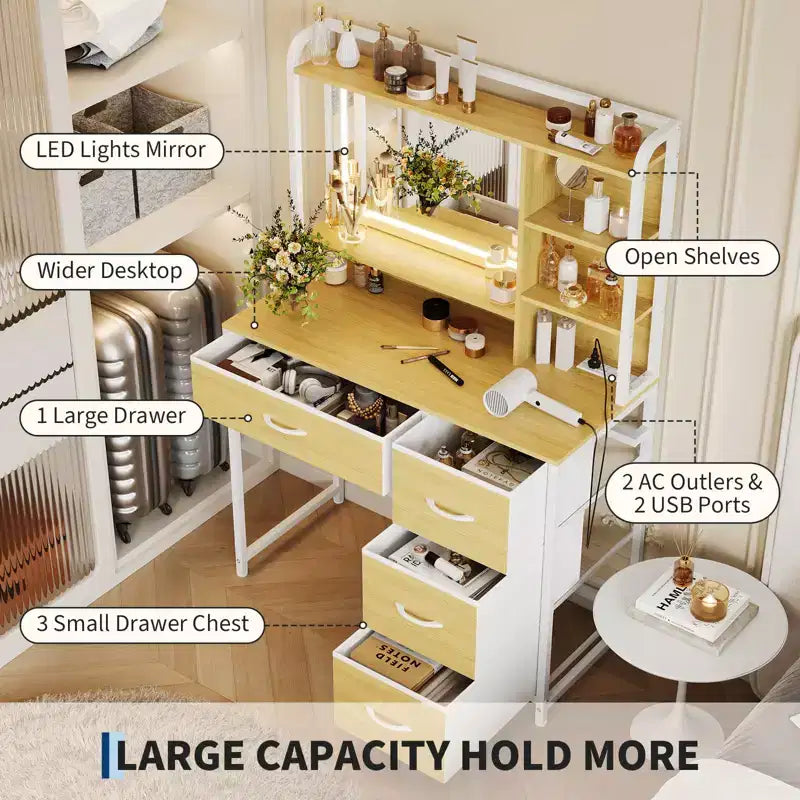 35.4 Tocador de Maquillaje con Espejo y Luces, Mesa de Maquillaje con 4 Cajones de Tela y Estantes de Almacenamiento, Tocador Ajustable para Dormitorio