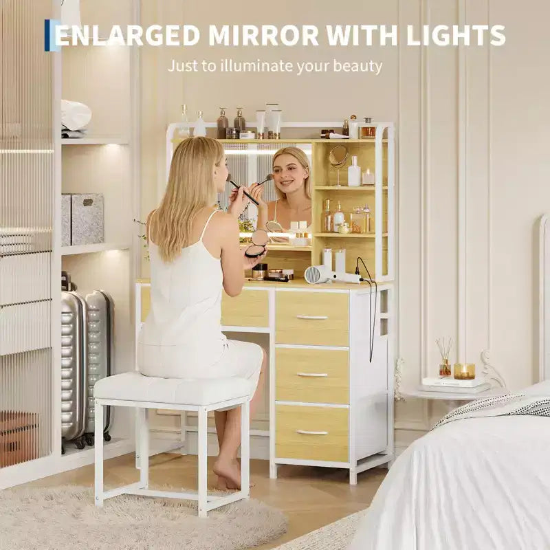 35.4 Tocador de Maquillaje con Espejo y Luces, Mesa de Maquillaje con 4 Cajones de Tela y Estantes de Almacenamiento, Tocador Ajustable para Dormitorio