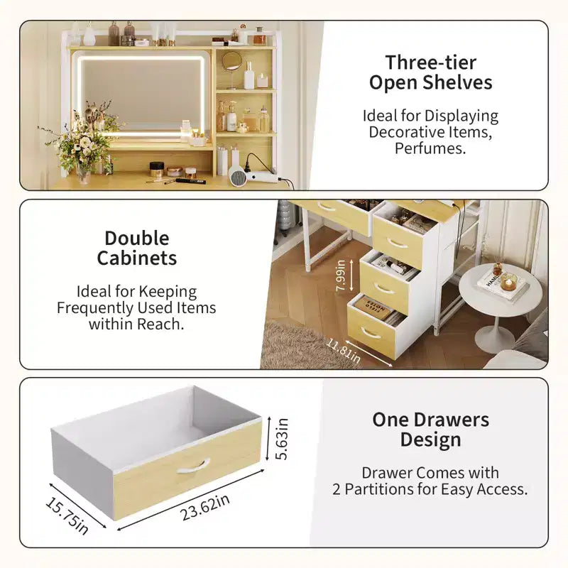 35.4 Tocador de Maquillaje con Espejo y Luces, Mesa de Maquillaje con 4 Cajones de Tela y Estantes de Almacenamiento, Tocador Ajustable para Dormitorio