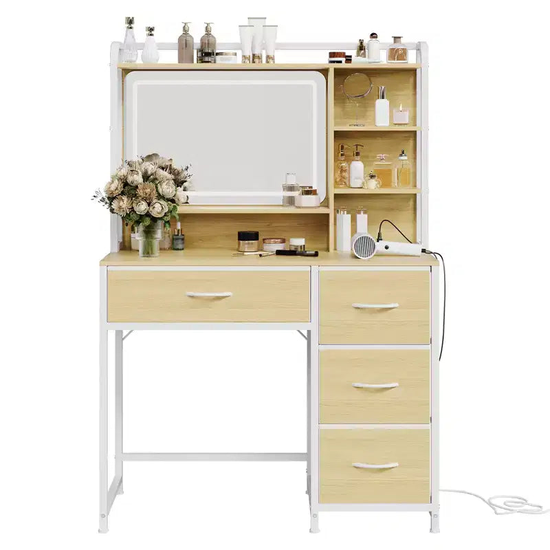 35.4 Tocador de Maquillaje con Espejo y Luces, Mesa de Maquillaje con 4 Cajones de Tela y Estantes de Almacenamiento, Tocador Ajustable para Dormitorio