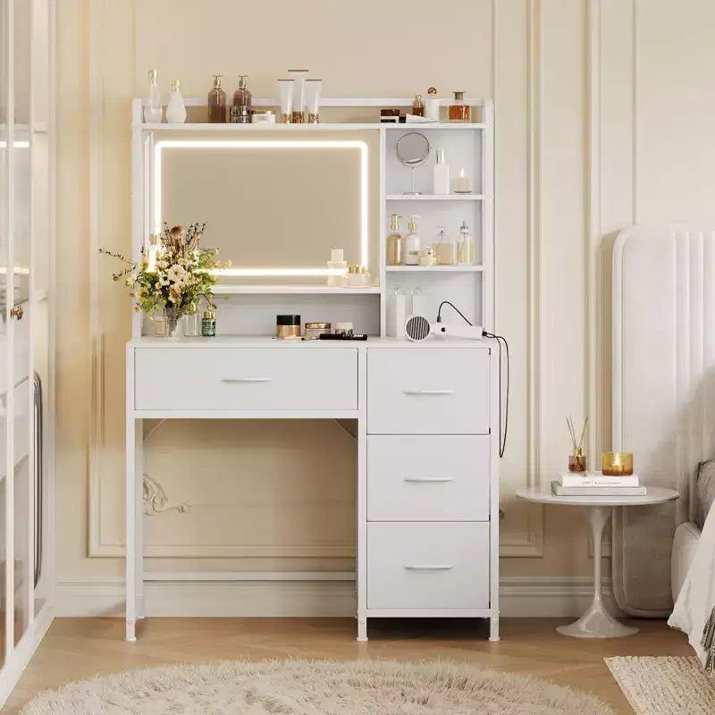 35.4 Tocador de Maquillaje con Espejo y Luces, Mesa de Maquillaje con 4 Cajones de Tela y Estantes de Almacenamiento, Tocador Ajustable para Dormitorio