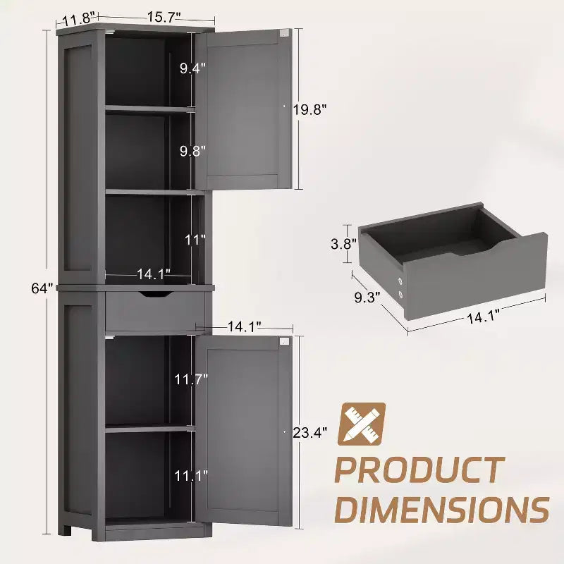 Armario alto de almacenamiento para baño, con puertas y cajón, organizador de baño estrecho independiente con estantes ajustables para espacios pequeños