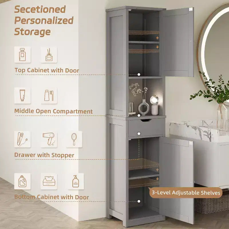 Armario alto de almacenamiento para baño, con puertas y cajón, organizador de baño estrecho independiente con estantes ajustables para espacios pequeños