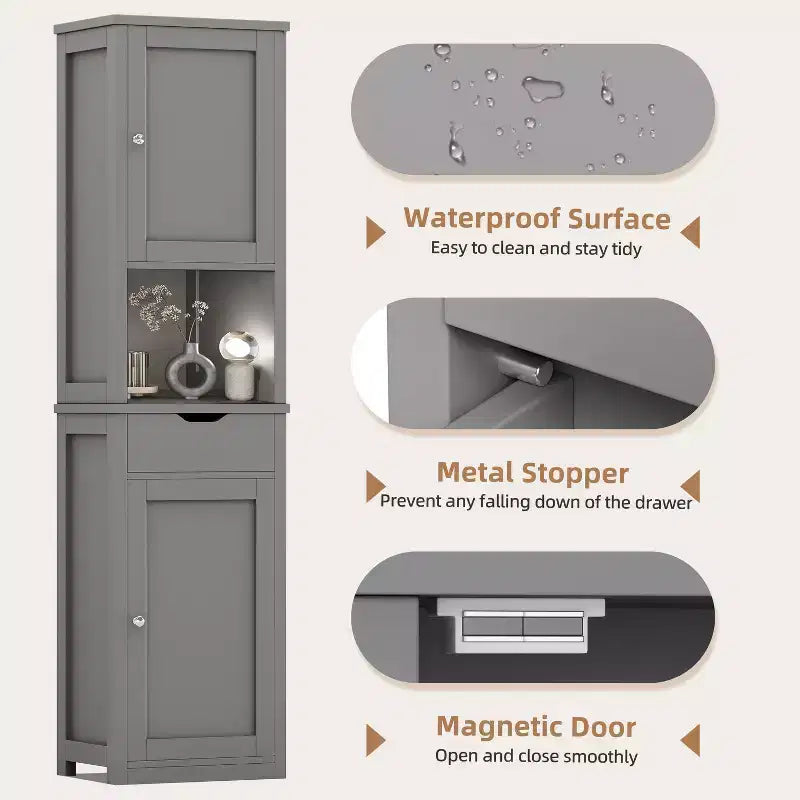 Armario alto de almacenamiento para baño, con puertas y cajón, organizador de baño estrecho independiente con estantes ajustables para espacios pequeños