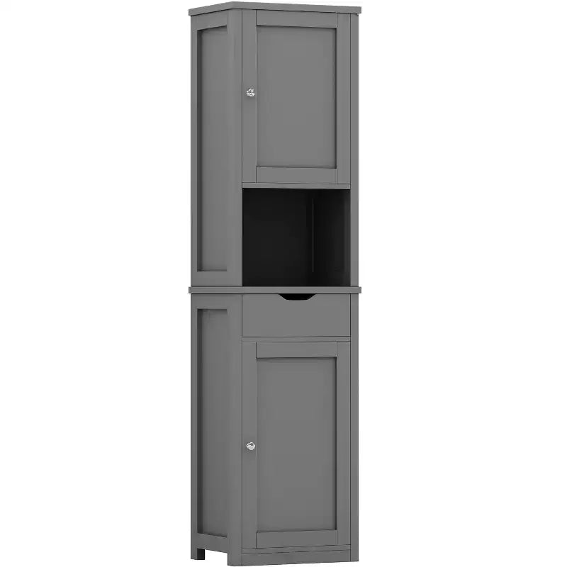 Armario alto de almacenamiento para baño, con puertas y cajón, organizador de baño estrecho independiente con estantes ajustables para espacios pequeños