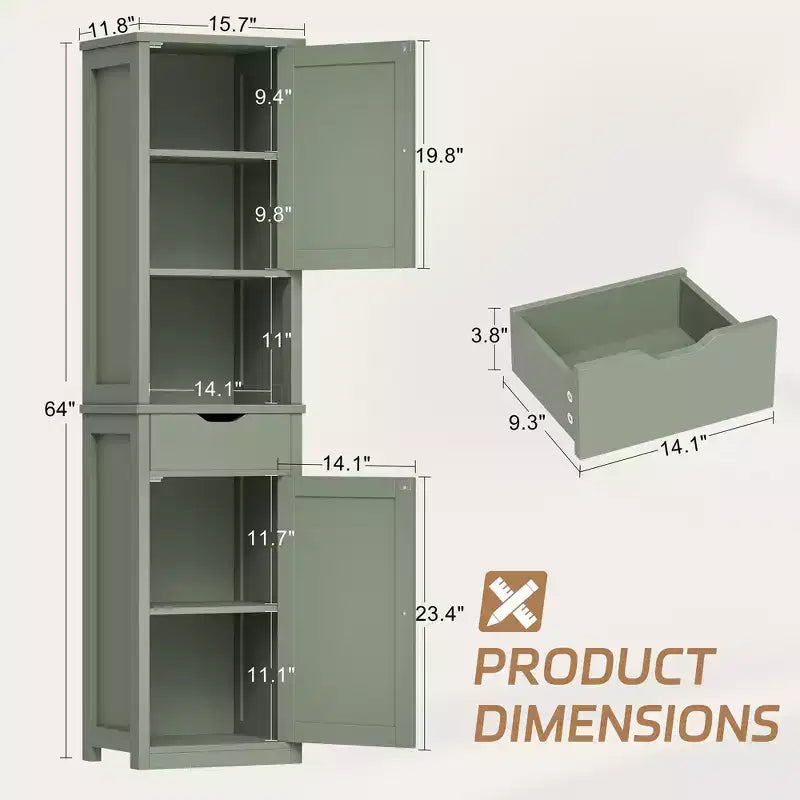 Armario alto de almacenamiento para baño, con puertas y cajón, organizador de baño estrecho independiente con estantes ajustables para espacios pequeños