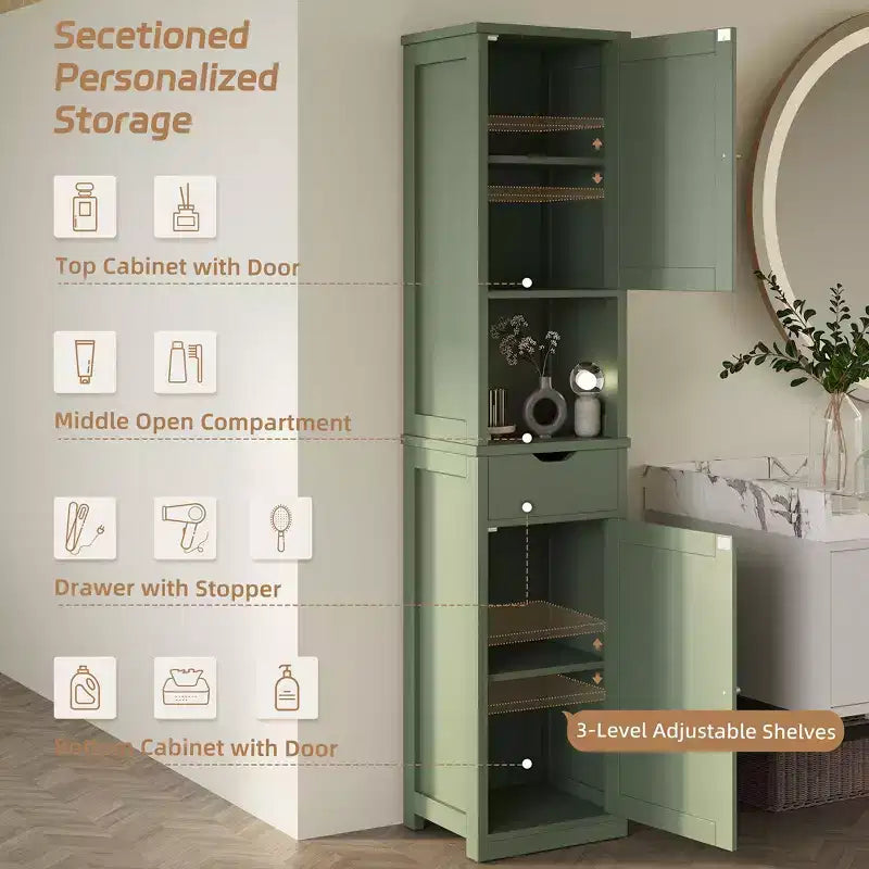 Armario alto de almacenamiento para baño, con puertas y cajón, organizador de baño estrecho independiente con estantes ajustables para espacios pequeños