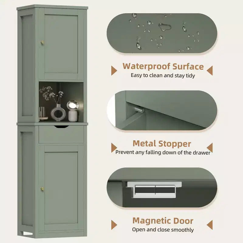 Armario alto de almacenamiento para baño, con puertas y cajón, organizador de baño estrecho independiente con estantes ajustables para espacios pequeños