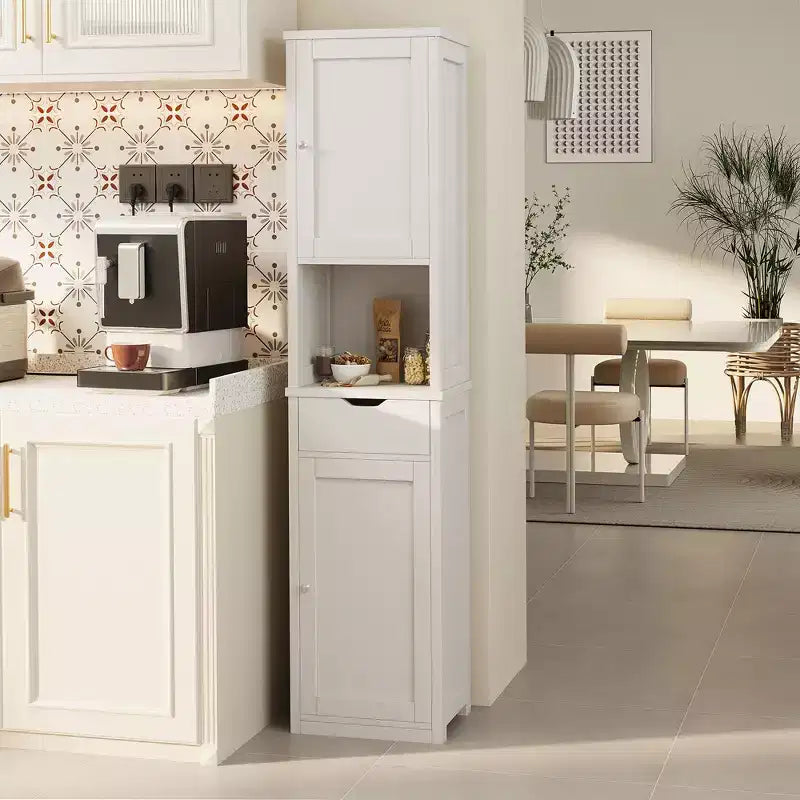 Armario alto de almacenamiento para baño, con puertas y cajón, organizador de baño estrecho independiente con estantes ajustables para espacios pequeños