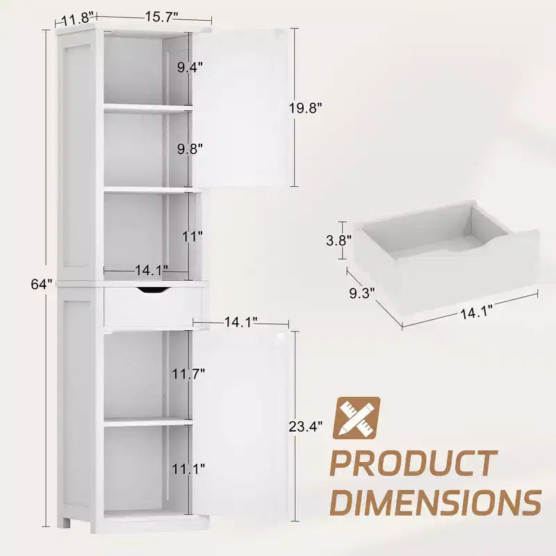 Armario alto de almacenamiento para baño, con puertas y cajón, organizador de baño estrecho independiente con estantes ajustables para espacios pequeños