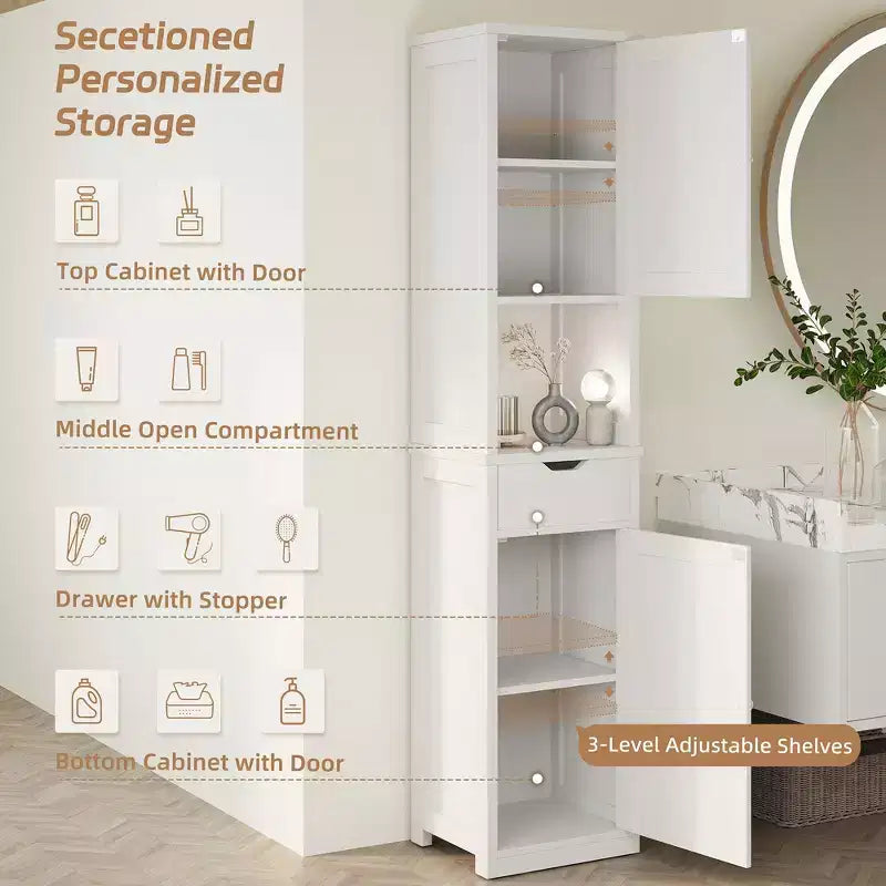 Armario alto de almacenamiento para baño, con puertas y cajón, organizador de baño estrecho independiente con estantes ajustables para espacios pequeños