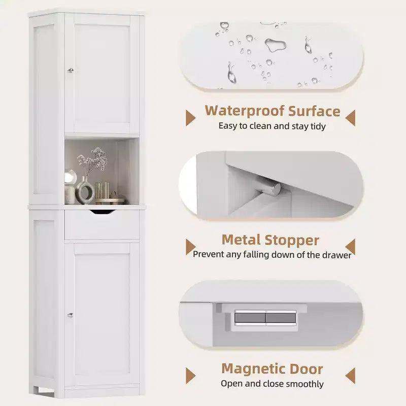 Armario alto de almacenamiento para baño, con puertas y cajón, organizador de baño estrecho independiente con estantes ajustables para espacios pequeños