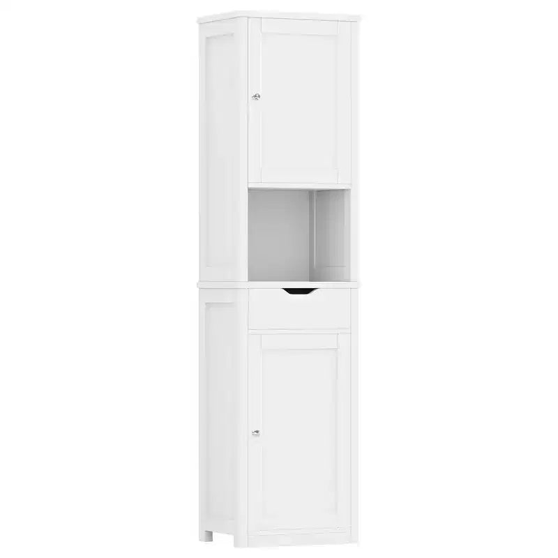Armario alto de almacenamiento para baño, con puertas y cajón, organizador de baño estrecho independiente con estantes ajustables para espacios pequeños