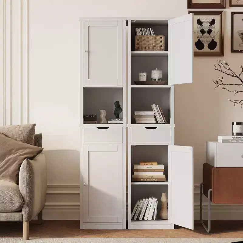 Armario alto de almacenamiento para baño, con puertas y cajón, organizador de baño estrecho independiente con estantes ajustables para espacios pequeños