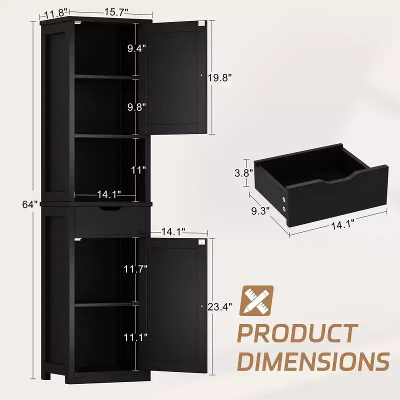 Armario alto de almacenamiento para baño, con puertas y cajón, organizador de baño estrecho independiente con estantes ajustables para espacios pequeños