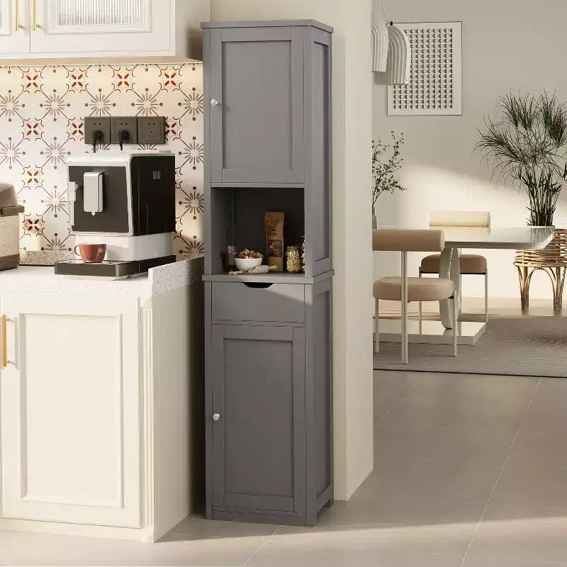 Armario alto de almacenamiento para baño, con puertas y cajón, organizador de baño estrecho independiente con estantes ajustables para espacios pequeños