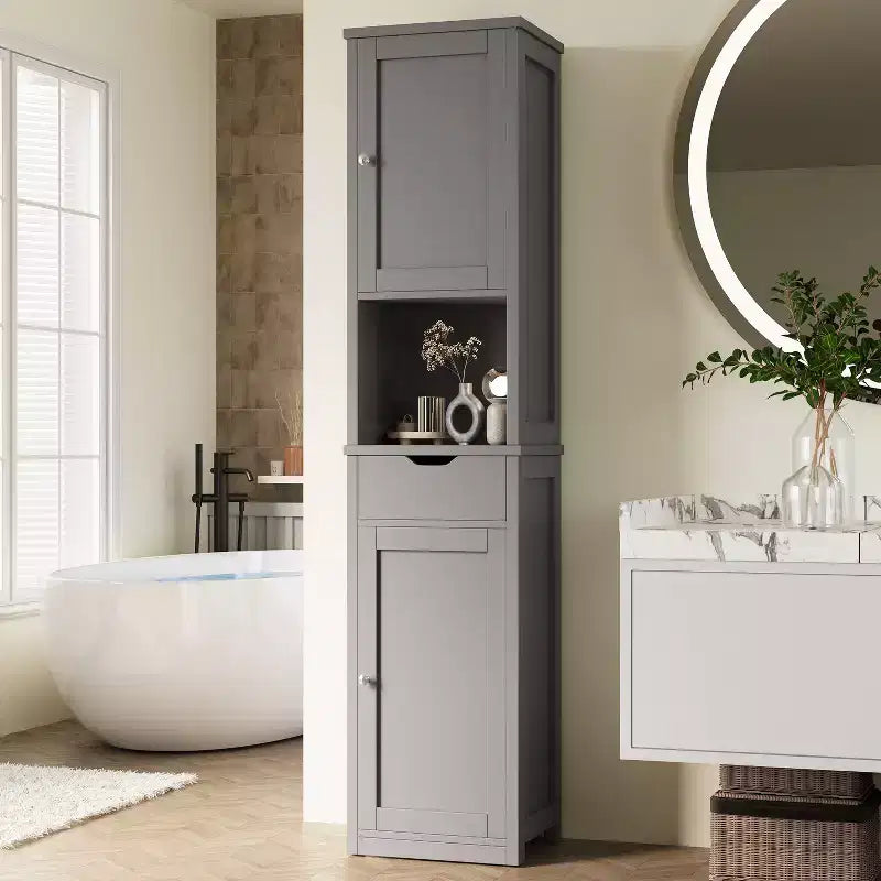 Armario alto de almacenamiento para baño, con puertas y cajón, organizador de baño estrecho independiente con estantes ajustables para espacios pequeños