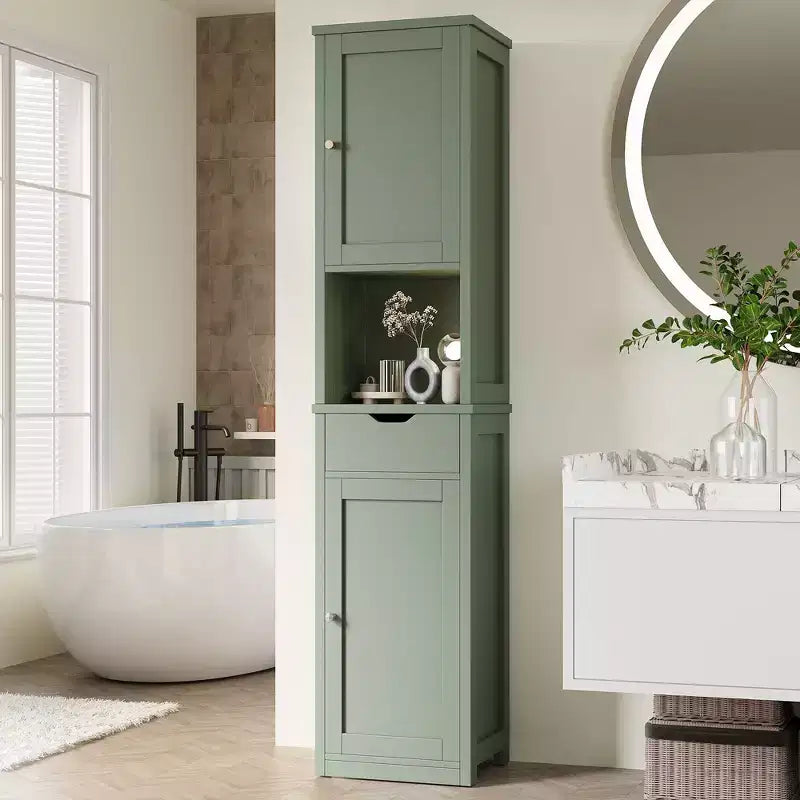 Armario alto de almacenamiento para baño, con puertas y cajón, organizador de baño estrecho independiente con estantes ajustables para espacios pequeños