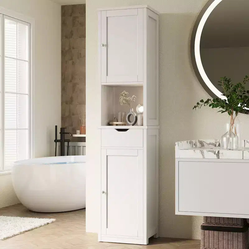 Armario alto de almacenamiento para baño, con puertas y cajón, organizador de baño estrecho independiente con estantes ajustables para espacios pequeños