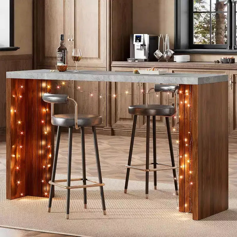 Mesa de bar de madera de 55 pulgadas, mesa de pub de cocina a altura de mostrador con cubierta de mármol sintético, unidad de bar rectangular para el hogar, mesa consola para sala de estar, gris+nogal
