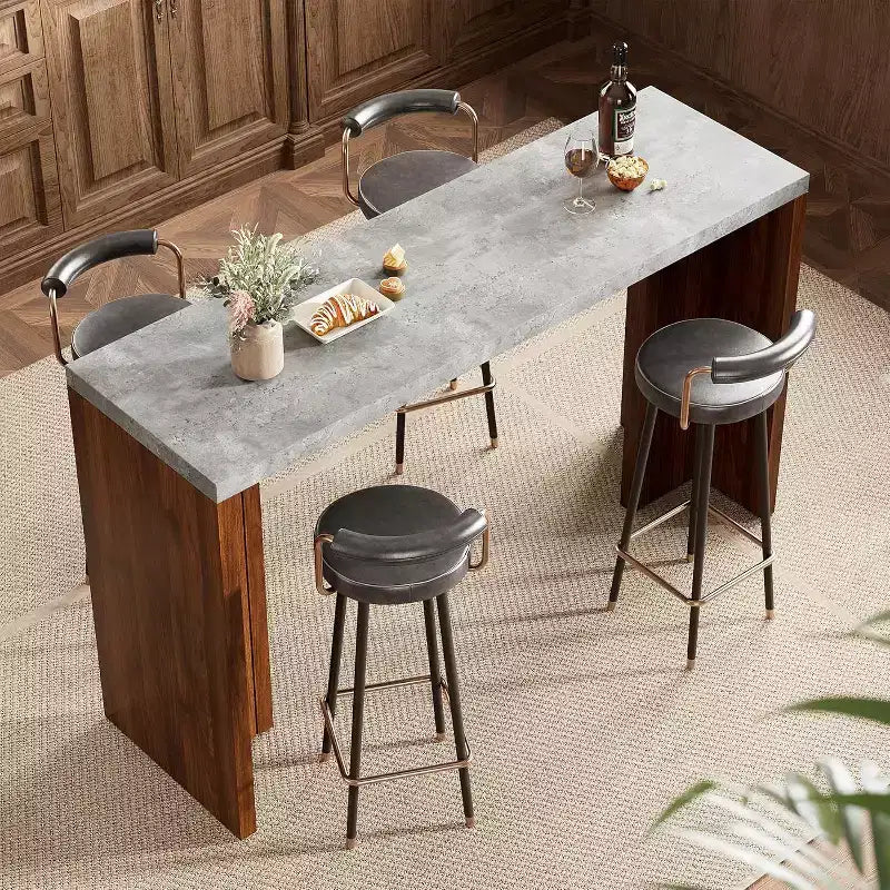 Mesa de bar de madera de 55 pulgadas, mesa de pub de cocina a altura de mostrador con cubierta de mármol sintético, unidad de bar rectangular para el hogar, mesa consola para sala de estar, gris+nogal