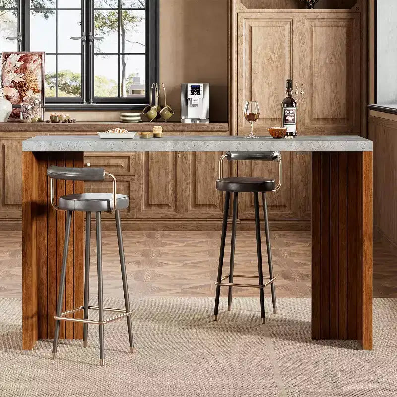 Mesa de bar de madera de 55 pulgadas, mesa de pub de cocina a altura de mostrador con cubierta de mármol sintético, unidad de bar rectangular para el hogar, mesa consola para sala de estar, gris+nogal