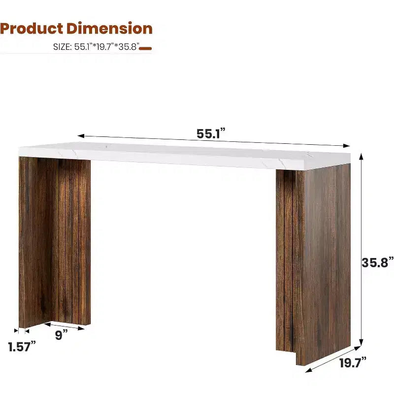 Mesa de bar de madera de 55 pulgadas, mesa de pub de cocina a altura de mostrador con cubierta de mármol sintético, unidad de bar rectangular para el hogar, mesa consola para sala de estar, gris+nogal