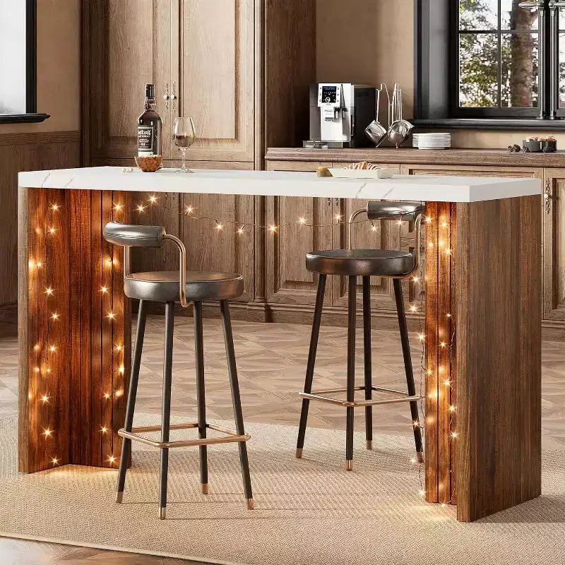 Mesa de bar de madera de 55 pulgadas, mesa de pub de cocina a altura de mostrador con cubierta de mármol sintético, unidad de bar rectangular para el hogar, mesa consola para sala de estar, gris+nogal