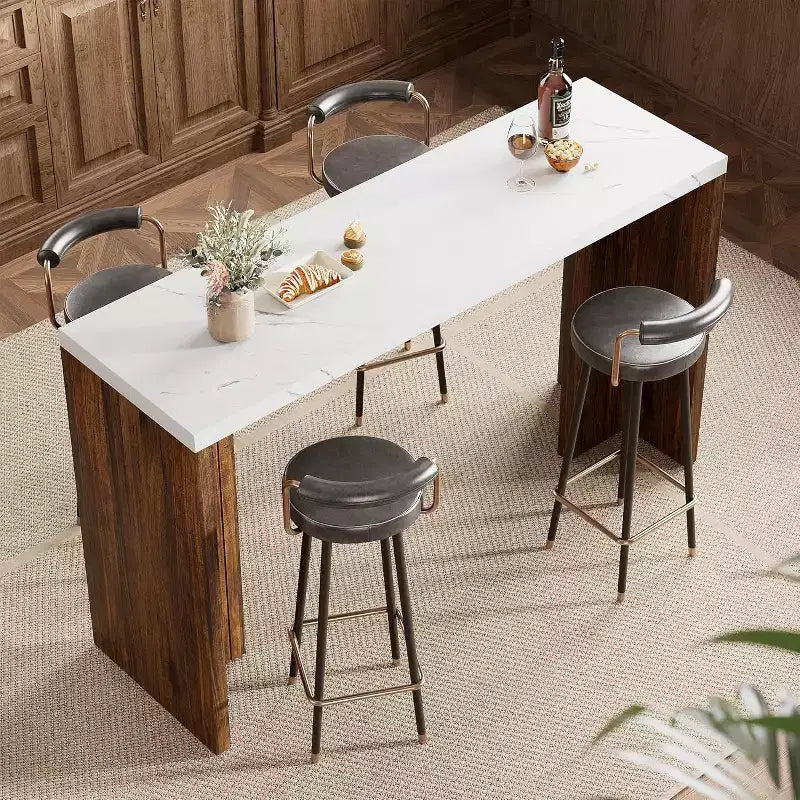 Mesa de bar de madera de 55 pulgadas, mesa de pub de cocina a altura de mostrador con cubierta de mármol sintético, unidad de bar rectangular para el hogar, mesa consola para sala de estar, gris+nogal