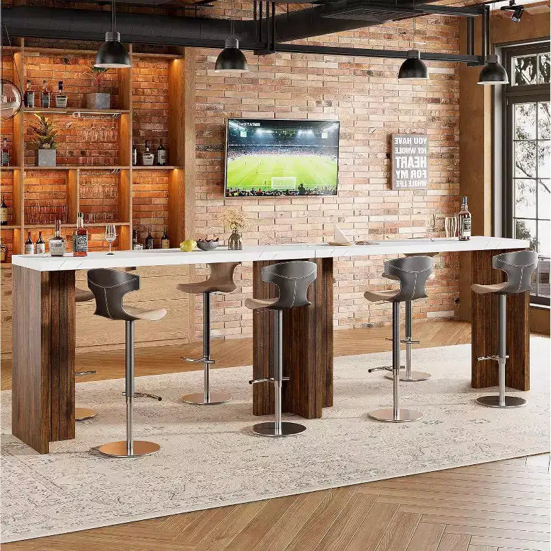 Mesa de bar de madera de 55 pulgadas, mesa de pub de cocina a altura de mostrador con cubierta de mármol sintético, unidad de bar rectangular para el hogar, mesa consola para sala de estar, gris+nogal