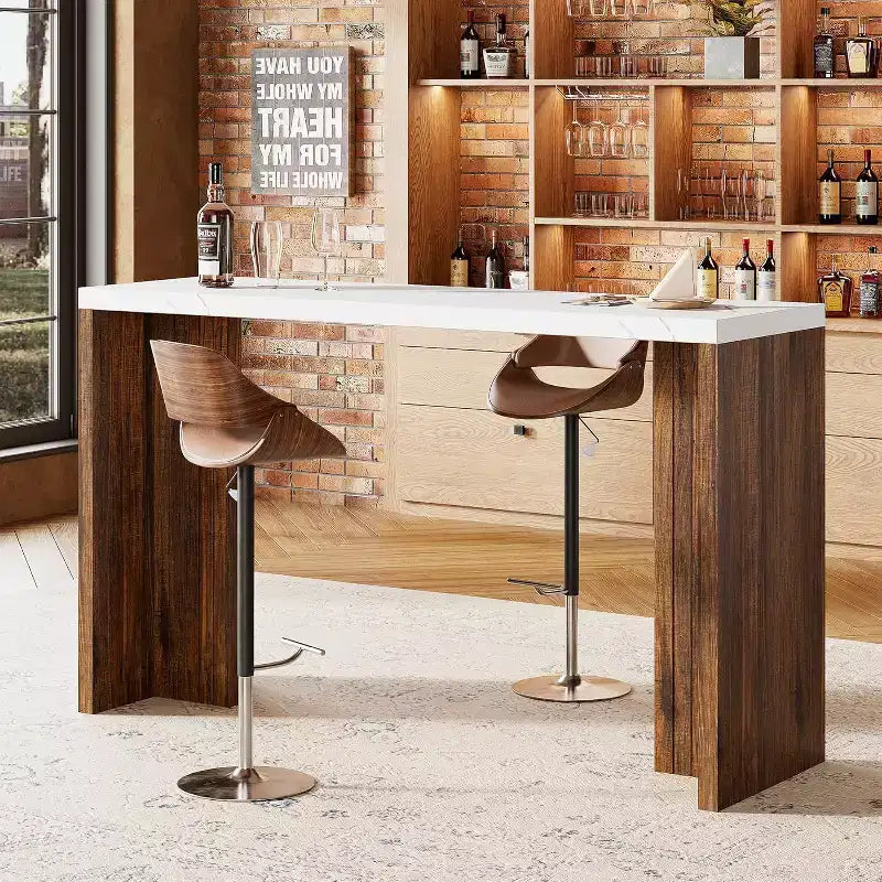 Mesa de bar de madera de 55 pulgadas, mesa de pub de cocina a altura de mostrador con cubierta de mármol sintético, unidad de bar rectangular para el hogar, mesa consola para sala de estar, gris+nogal