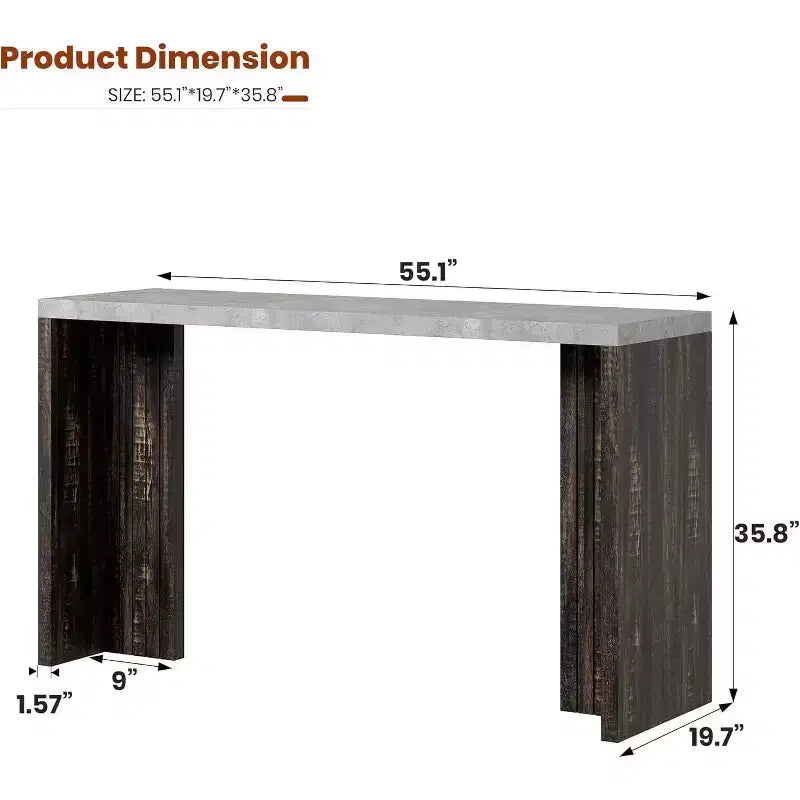 Mesa de bar de madera de 55 pulgadas, mesa de pub de cocina a altura de mostrador con cubierta de mármol sintético, unidad de bar rectangular para el hogar, mesa consola para sala de estar, gris+nogal