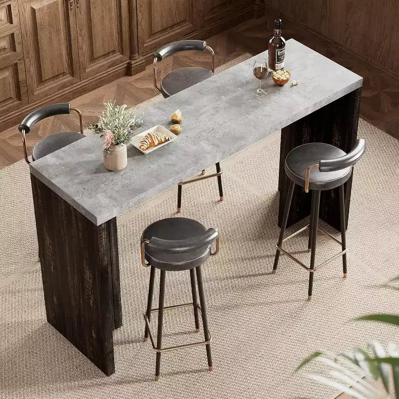 Mesa de bar de madera de 55 pulgadas, mesa de pub de cocina a altura de mostrador con cubierta de mármol sintético, unidad de bar rectangular para el hogar, mesa consola para sala de estar, gris+nogal